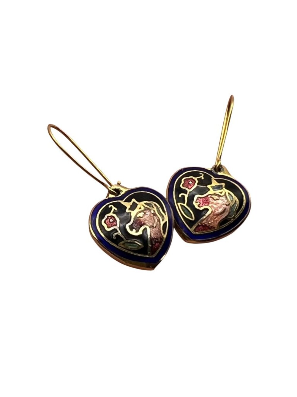 Heart-Shape Cloisonné Earrings Unicorn Gold-Tone Double-Sided Cobalt Blue Black